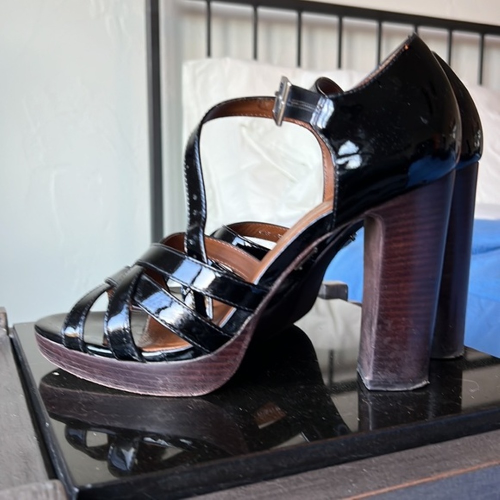 Bebe Black Patent Strappy Heels, Sz 8